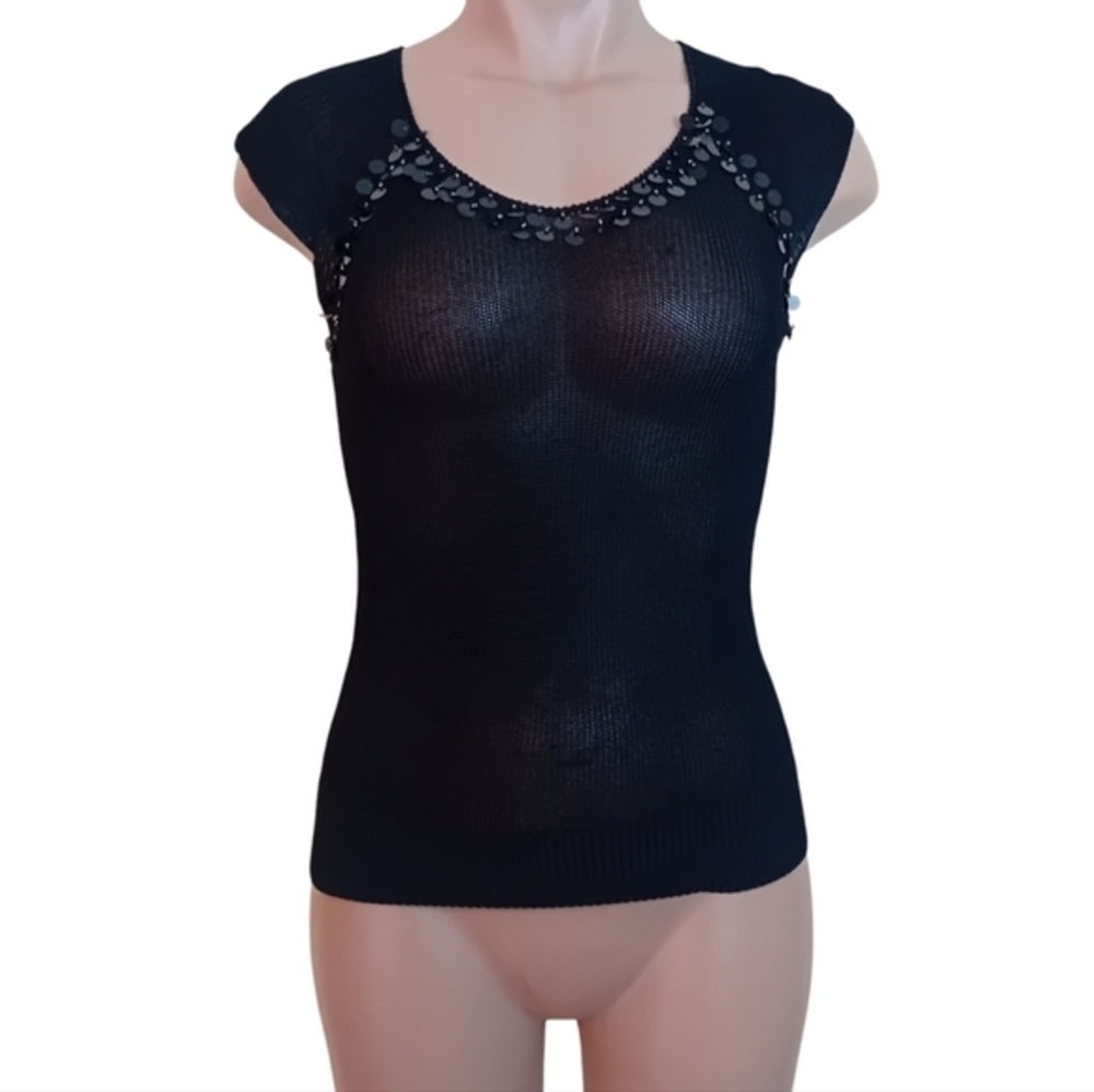Women's Vintage 90s Knit See Through Half Sleeve V-Neck Top Sequins Fits Like S - Picture 1 of 11